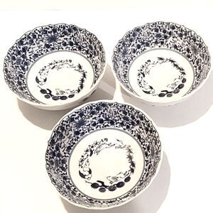 Set of Three Asian Blue and White Rabbit Themed Ceramic Serving Bowls